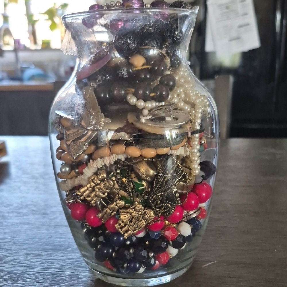Decorative Glass Vase with Assorted Beaded Necklaces. Mystery Jar